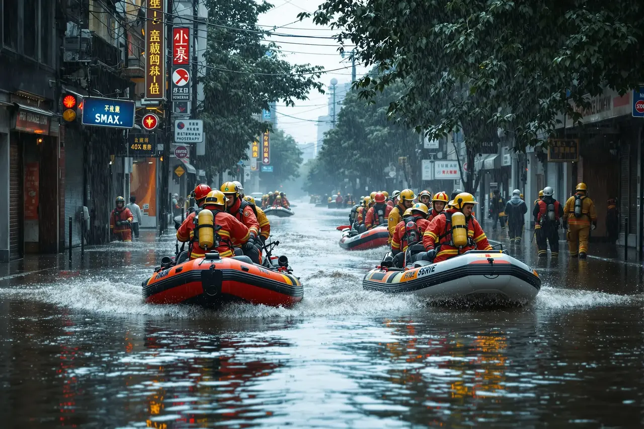 某地突降暴雨引发城市内涝，消防连夜转移被困群众